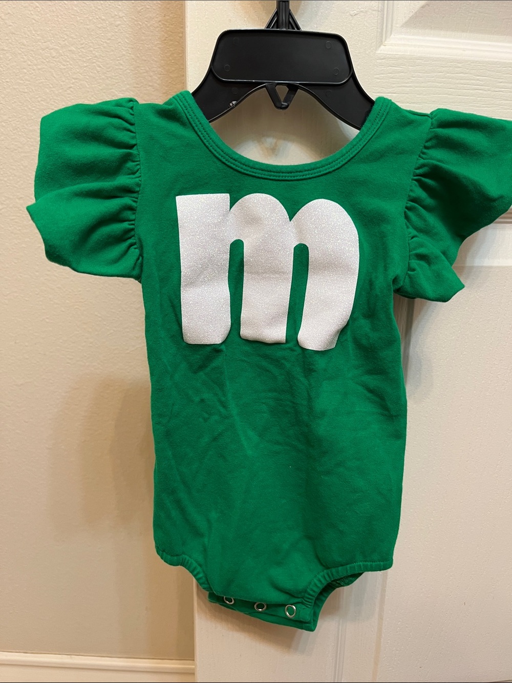 Green Puff-Sleeve Baby Bodysuit with White 'm' Graphic